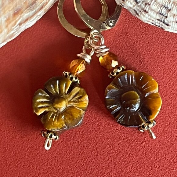 Tiger’s Eye Earrings, Golden Brown Gemstone, Carved Gemstone Flower - Picture 5 of 6